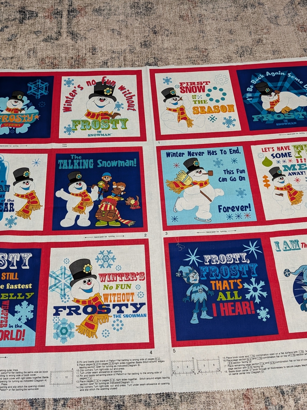 Frosty Snowman Holiday Fabric Panel - Blue, Red, White and Cream
